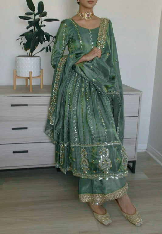 Sequence With Embroidered Teal Green Color Anrkali Suit