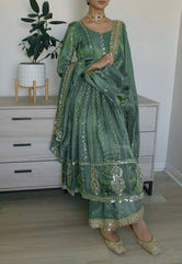 Sequence With Embroidered Teal Green Color Anrkali Suit