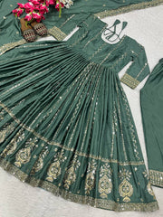 Sequence With Embroidered Teal Green Color Anrkali Suit