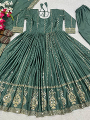 Sequence With Embroidered Teal Green Color Anrkali Suit