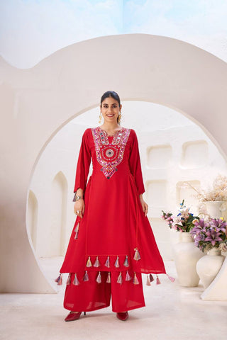 Marvelous White Reyon Thread Work Palazzo Suit