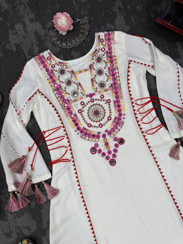 Marvelous White Reyon Thread Work Palazzo Suit