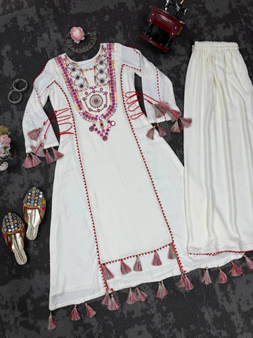 Marvelous White Reyon Thread Work Palazzo Suit