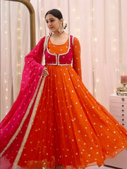 Orange Color Embroidered Designer Gown With Koti