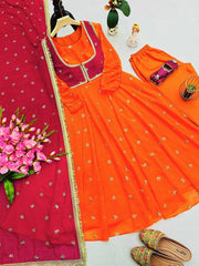 Orange Color Embroidered Designer Gown With Koti