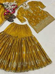 Stylish Mustard Chinon Silk Sequence Work Sharara Suit