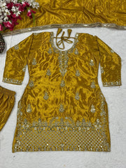 Stylish Mustard Chinon Silk Sequence Work Sharara Suit