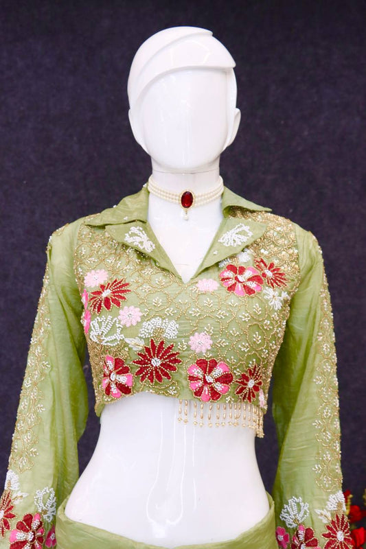 Unique Designer Pista Color Dhoti Style Skirt With Blouse