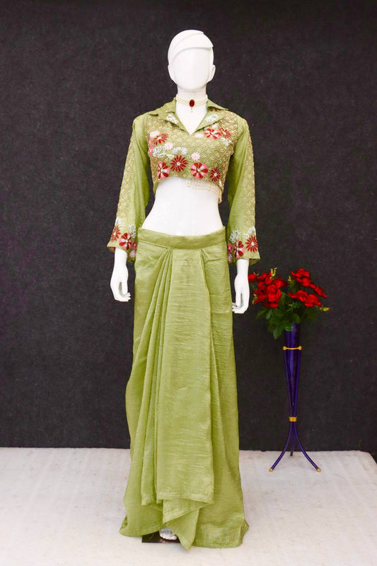 Unique Designer Pista Color Dhoti Style Skirt With Blouse