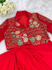 Unique Designer Red Color Dhoti Style Skirt With Blouse