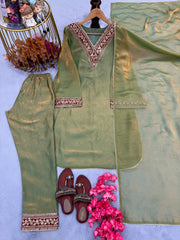 Mehndi Color Shining Embroidered Straight Salwar Suit