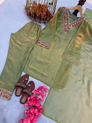 Mehndi Color Shining Embroidered Straight Salwar Suit