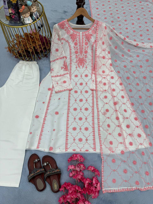 Roman Silk Embroidered Peach Color Palazzo Suit