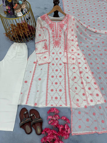 Roman Silk Embroidered Peach Color Palazzo Suit