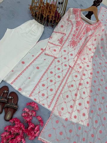 Roman Silk Embroidered Peach Color Palazzo Suit