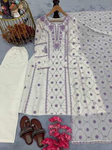 Roman Silk Embroidered Purple Color Palazzo Suit