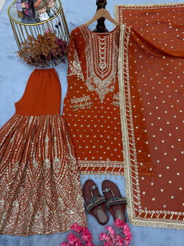 Orange Color Heavy Work Flattering Sharara Suit