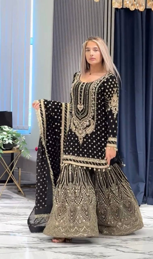 Black Color Heavy Work Flattering Sharara Suit