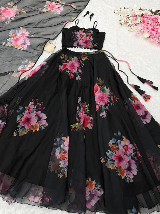 Alluring Black Organza Floral Work Lehenga Choli
