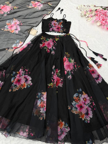 Alluring Black Organza Floral Work Lehenga Choli