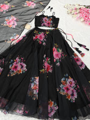 Alluring Black Organza Floral Work Lehenga Choli