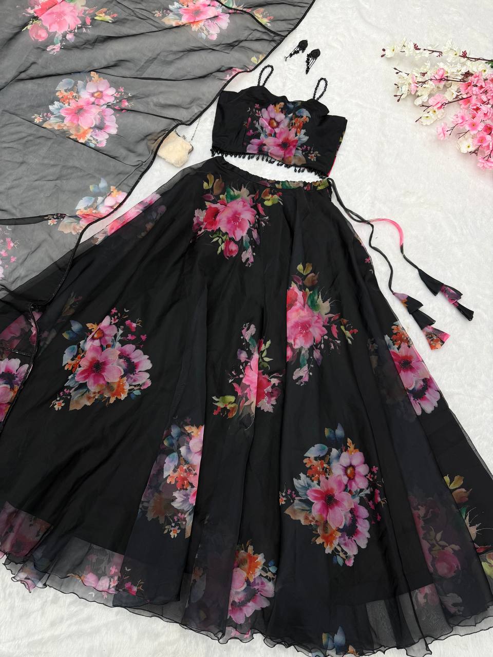 Alluring Black Organza Floral Work Lehenga Choli