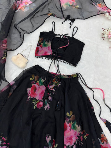Alluring Black Organza Floral Work Lehenga Choli