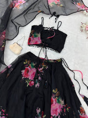 Alluring Black Organza Floral Work Lehenga Choli