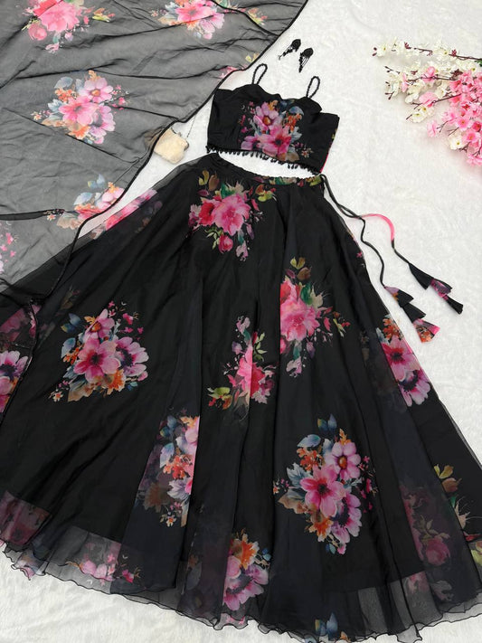 Alluring Black Organza Floral Work Lehenga Choli