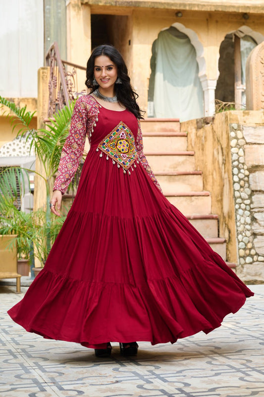 Kutchi Gamthi Maroon Color Navratri Wear Designer Gown