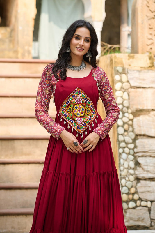 Kutchi Gamthi Maroon Color Navratri Wear Designer Gown