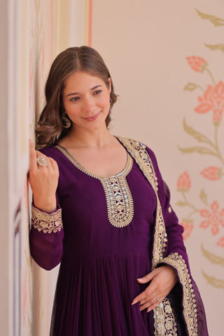 Purple Color Georgette Sequence With Embroidered Gown