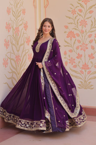 Purple Color Georgette Sequence With Embroidered Gown