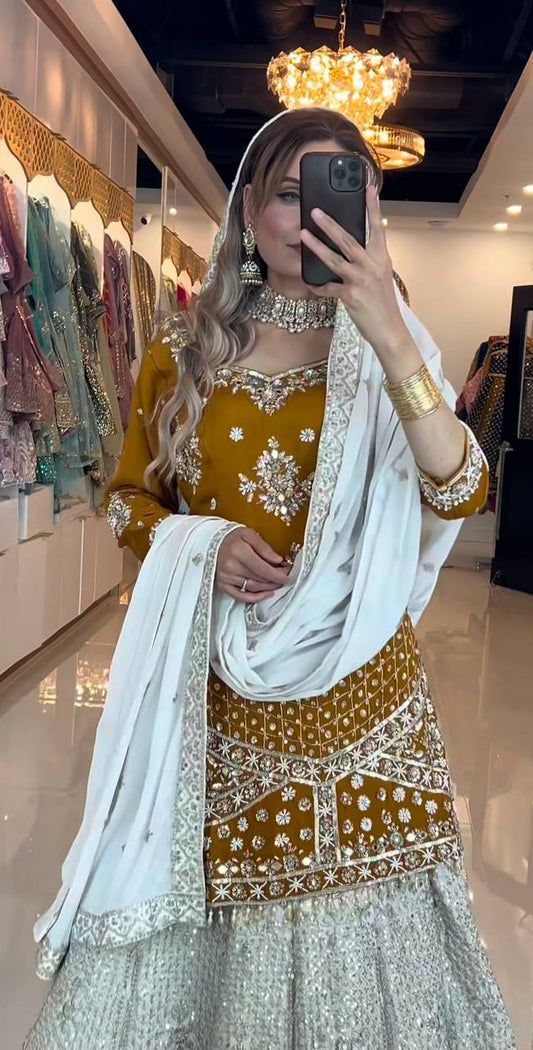 Glorious Golden Chinon Silk Sequence Work Top With Lehenga