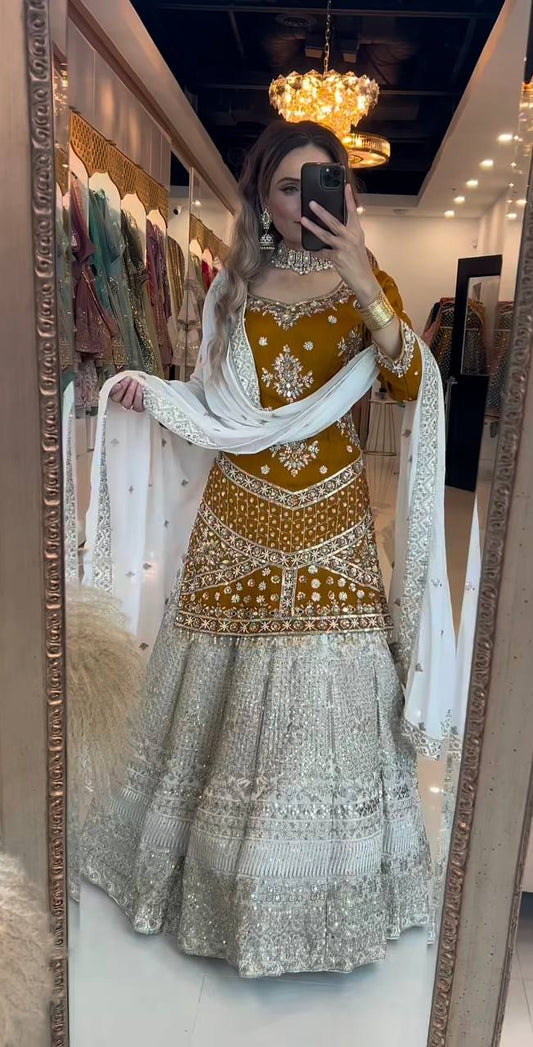 Glorious Golden Chinon Silk Sequence Work Top With Lehenga