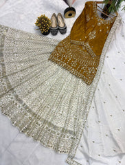 Glorious Golden Chinon Silk Sequence Work Top With Lehenga
