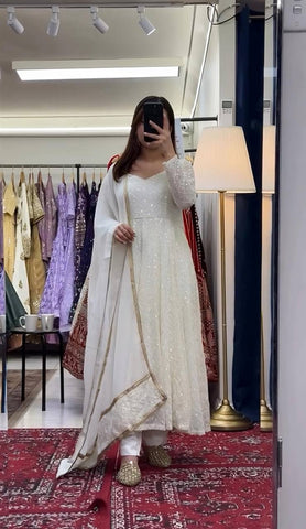 Glorious White Faux Blooming Embroidery Anarkali Suit