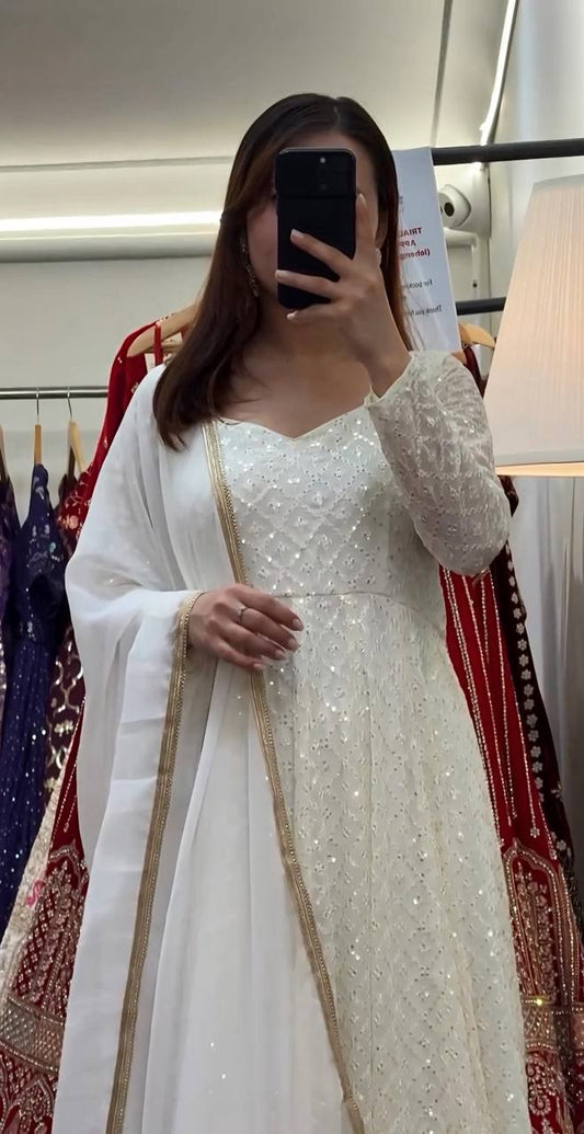 Glorious White Faux Blooming Embroidery Anarkali Suit
