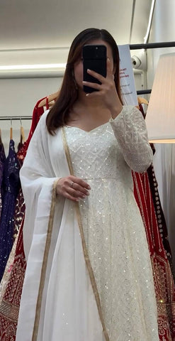 Glorious White Faux Blooming Embroidery Anarkali Suit