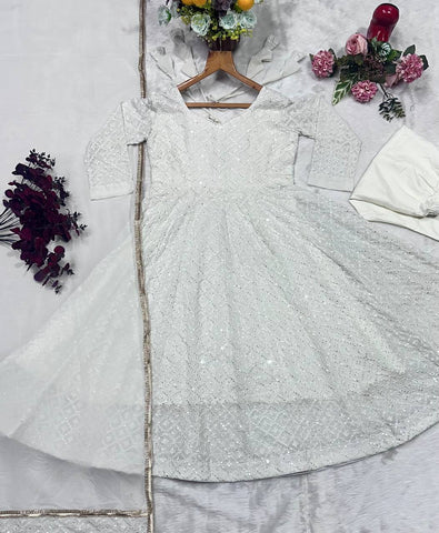 Glorious White Faux Blooming Embroidery Anarkali Suit
