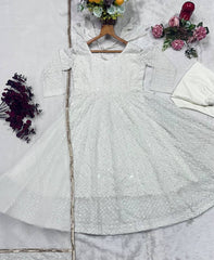 Glorious White Faux Blooming Embroidery Anarkali Suit