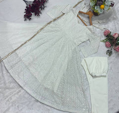 Glorious White Faux Blooming Embroidery Anarkali Suit