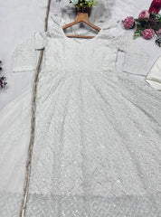 Glorious White Faux Blooming Embroidery Anarkali Suit