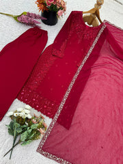 Gorgeous Maroon Georgette Embroidery Straight Salwar Suit
