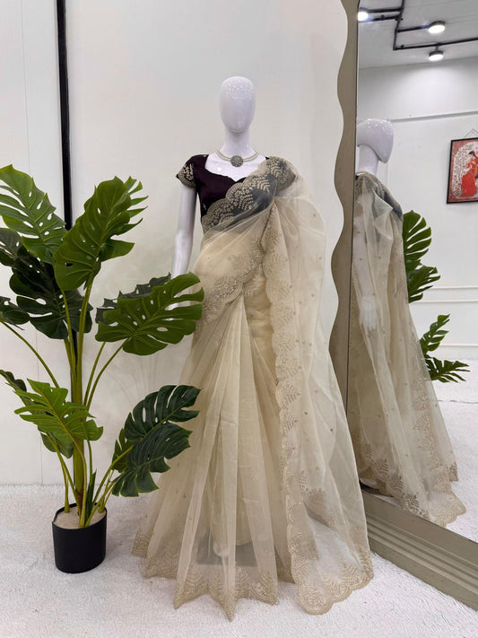 Pretty Cream Organza with Coding Work Saree
