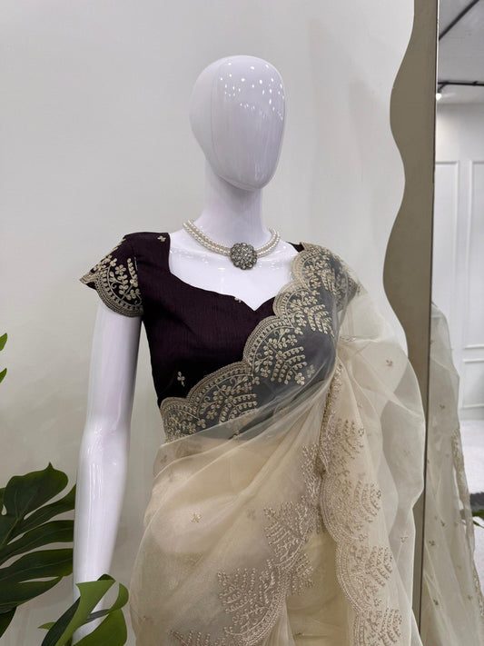 Pretty Cream Organza with Coding Work Saree