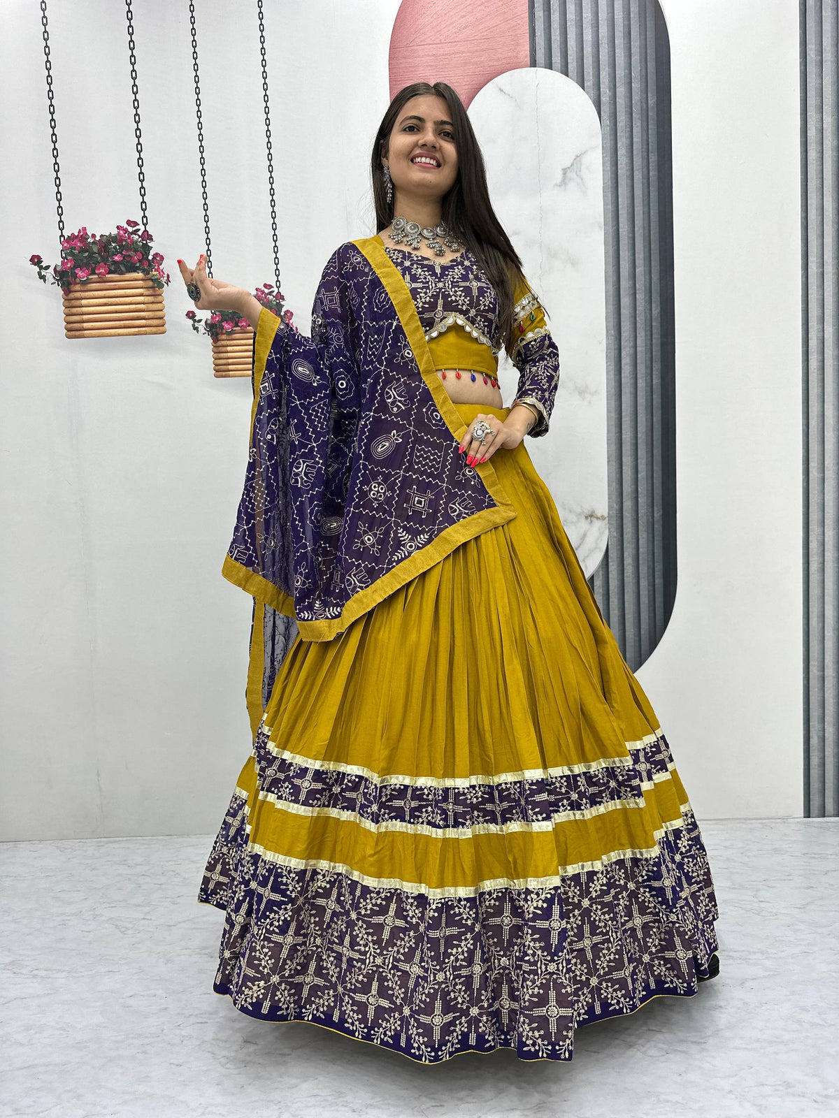 Trendy Mustard Cotton Embroidery Work Lehenga Choli