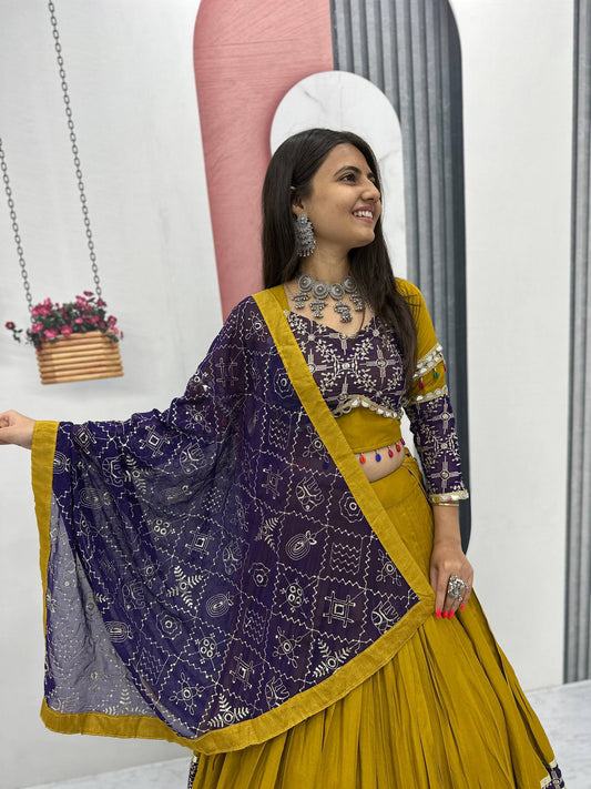 Trendy Mustard Cotton Embroidery Work Lehenga Choli