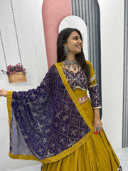 Trendy Mustard Cotton Embroidery Work Lehenga Choli