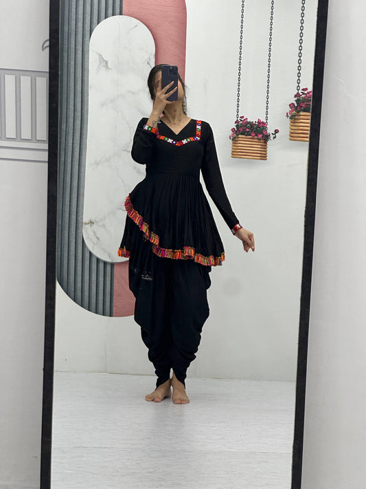 Lovely Black Rayon Cotton Gamthi Work Dhoti Suit